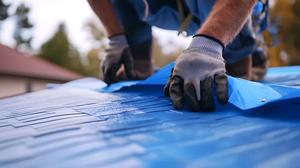 Gloved hands securing a blue tarp on a roof