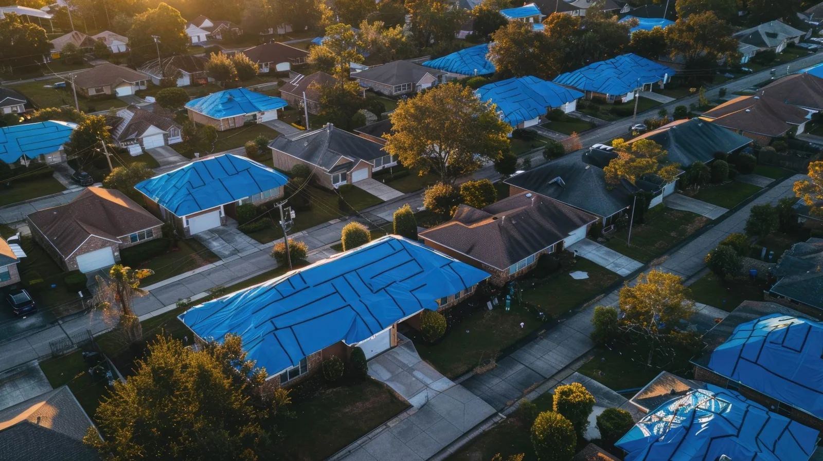 Aerial view of a neighborhood with blue tarps on several roofs