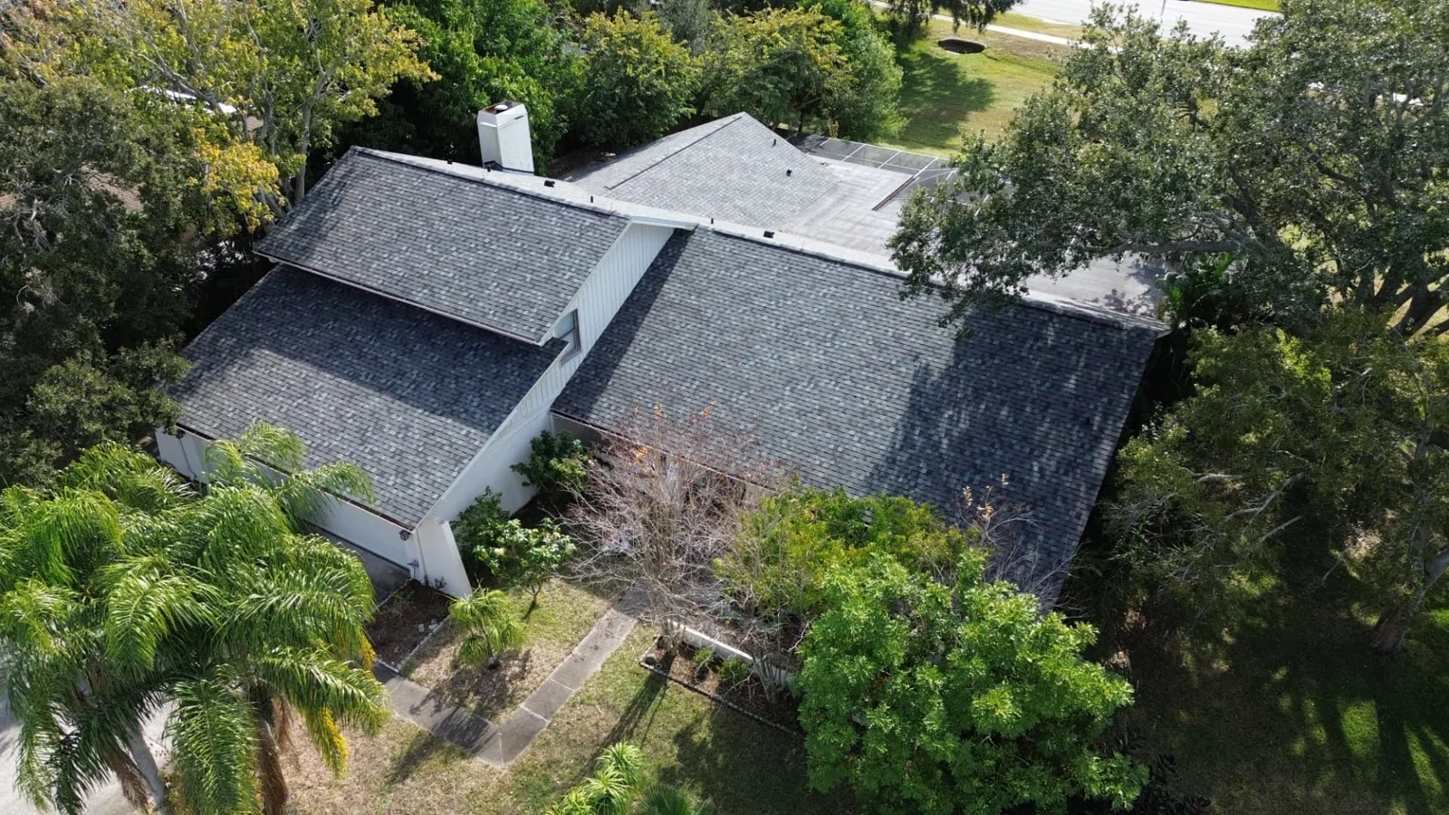 Aerial view of a shingle-roofed home surrounded by palms and trees