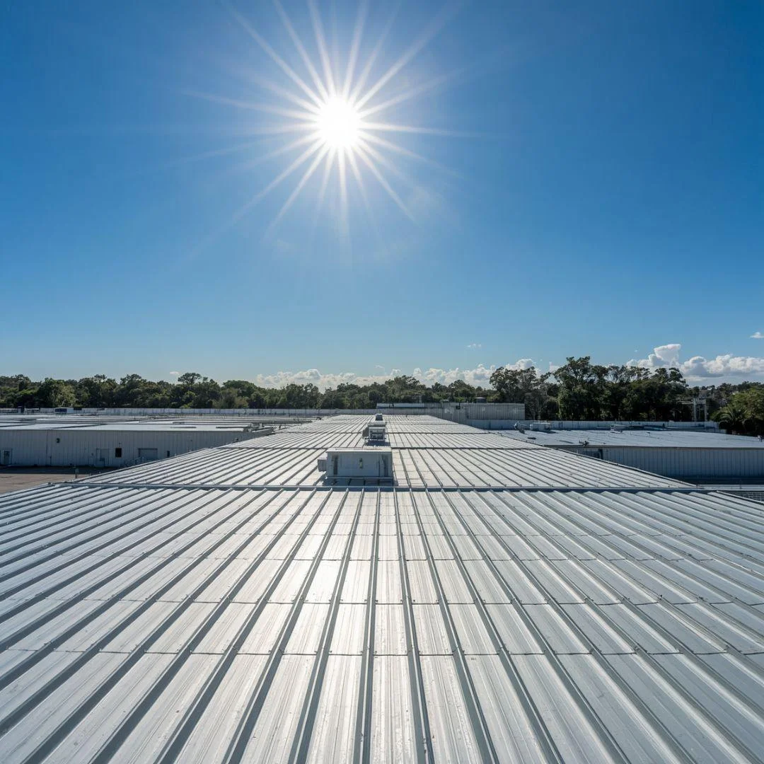 Ribbed metal roof panels across commercial buildings on a sunny day